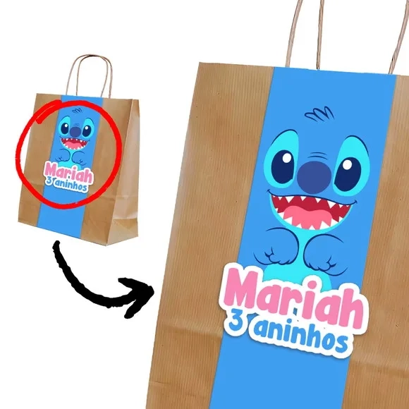 Sacola Kraft Personalizada Festa Stitch Aplique Nome e Idade