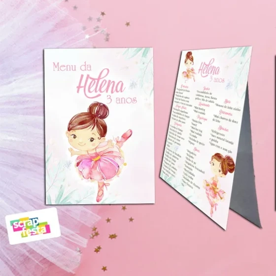 Menu Cardápio Cavalete Festa Bailarina Ballet Aquarela