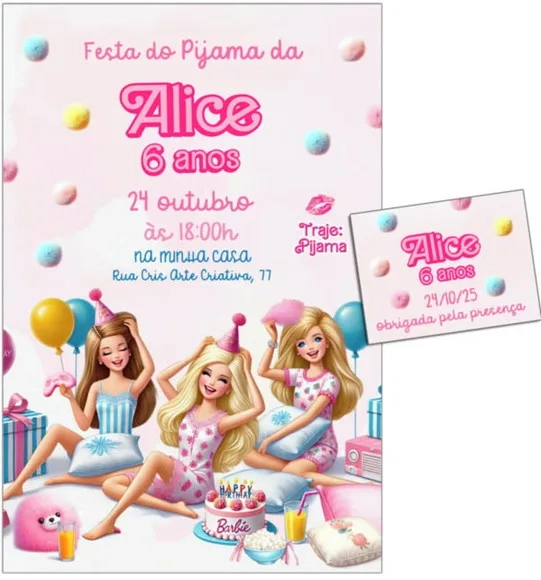 Convite Digital C/tag Boneca Barbie Festa do Pijama 3