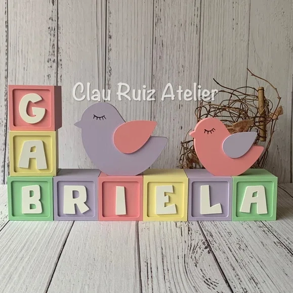 Decoração Bebê - Cubos 6x6cm Candy Ts + Dupla de Passarinho