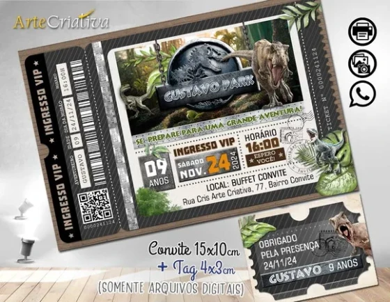 Convite Digital C/tag Ingresso Dinossauro Jurassic Park