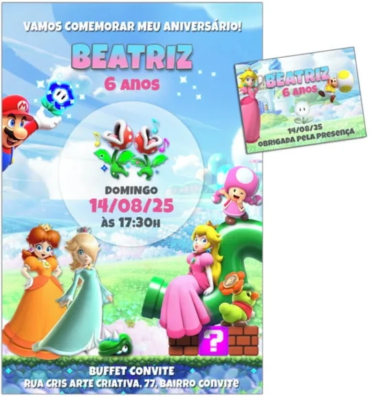 Convite Digital C/tag Super Mario Menina