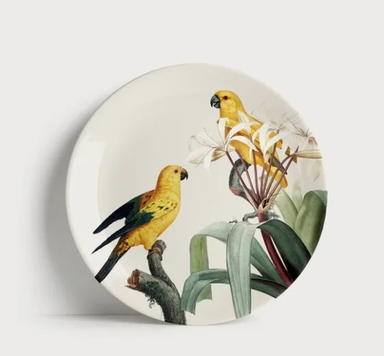Prato Decorativo Pássaros Amarelos e Lírios - Porcelana 21cm
