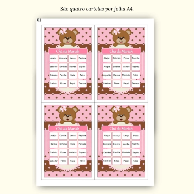 Bingo Chá de Bebê Menina Pdf Para Imprimir