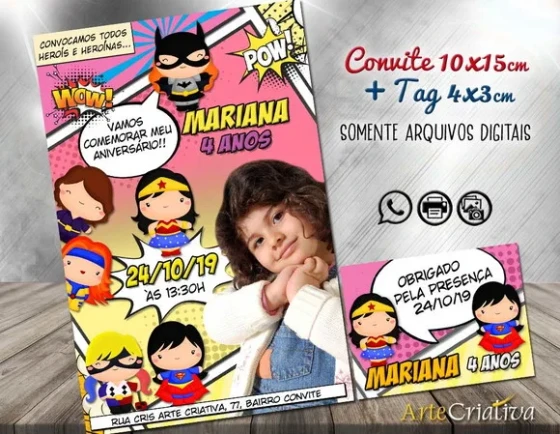 CONVITE DIGITAL C/TAG Heroinas Cute Gibi com Foto