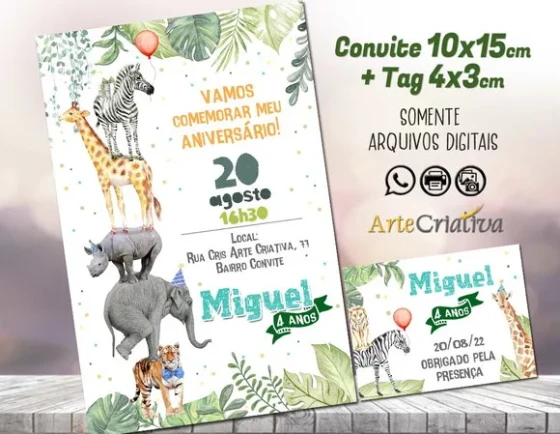 Convite Digital C/tag Animais Safari Aquarela