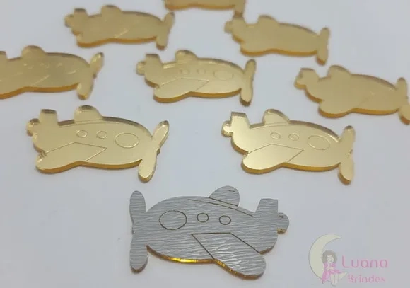 Aplique Avião Acrílico Espelhado Dourado -pct c/7 unid