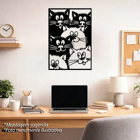 Quadro Decorativo Vazado Seis Gatos 3d Preto mdf