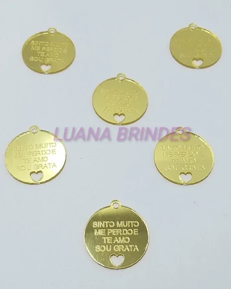 Pingente c/frase em Acrílico Espelhado Dourado - pct c/10 un