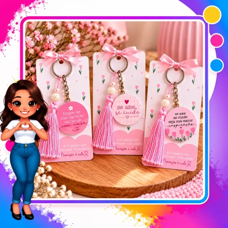 Chaveiro Outubro Rosa com Pingente e Tassel Rosa – Lembrancinha Personalizada