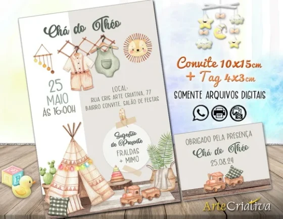 Convite Digital C/tag Chá de Bebê Menino Boho