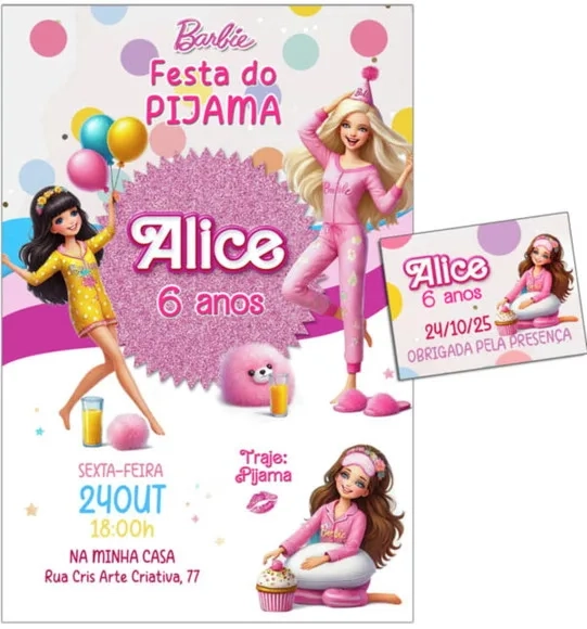 Convite Digital C/tag Boneca Barbie Festa do Pijama 1