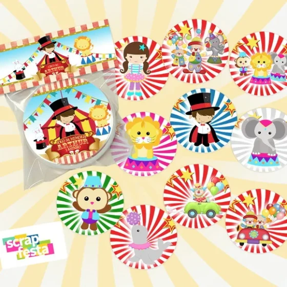 Latinha com Jogo da Memória, Saquinho e Lapela Festa Circo
