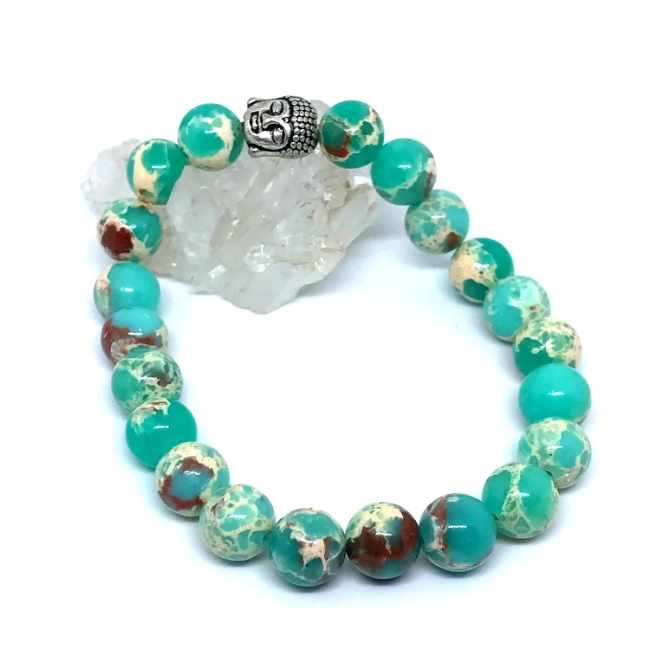 Pulseira em Pedras Jaspe Imperial Verde Agua com entremeio Buda prateado