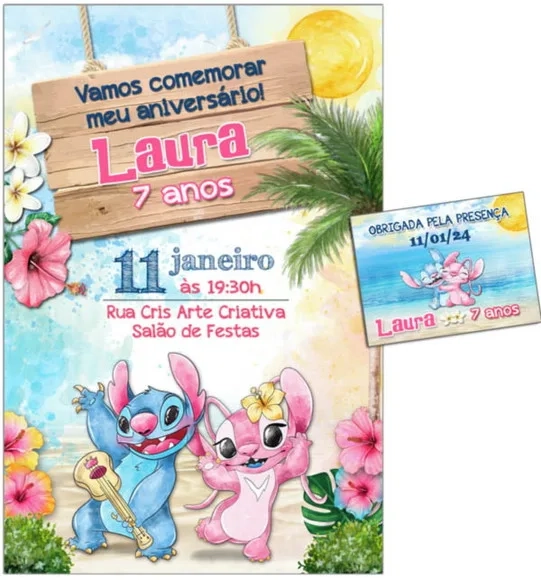 Convite Digital C/tag Stitch Disney Aquarela