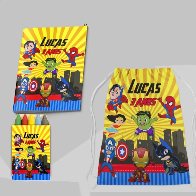 Kit Lembrancinhas Mochila e Revista personalizada dos Super Heróis Baby