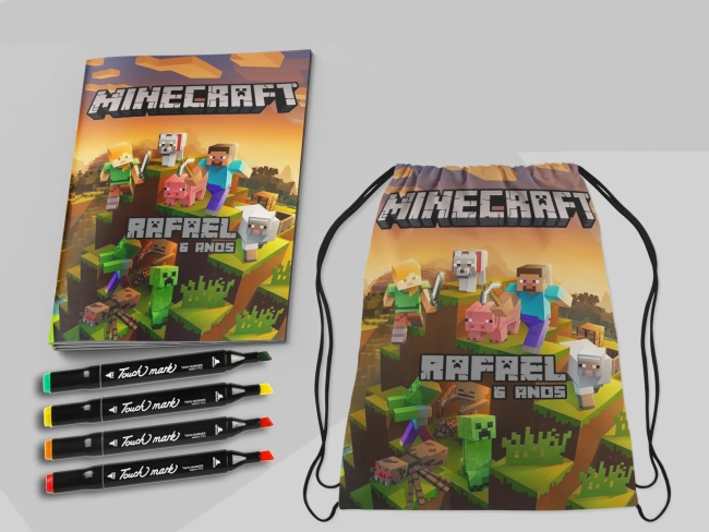 Kit Mochila e Revista de colorir com Canetinhas Minecraft