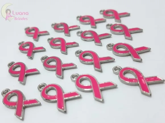 Pingente Outubro Rosa de Metal Prata - pct c/7 unid