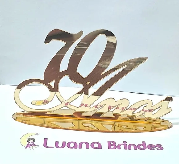 Topo de Bolo 70 Anos Dourado em Acrílico Espelhado - 1 Peça