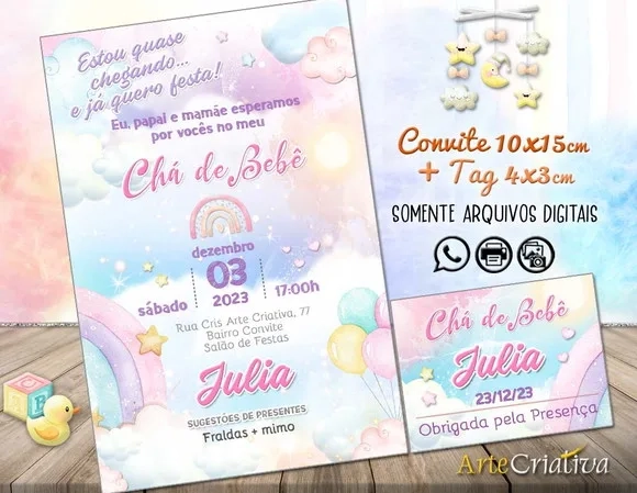 Convite Digital C/tag Chá de Bebê Nuvem Menina