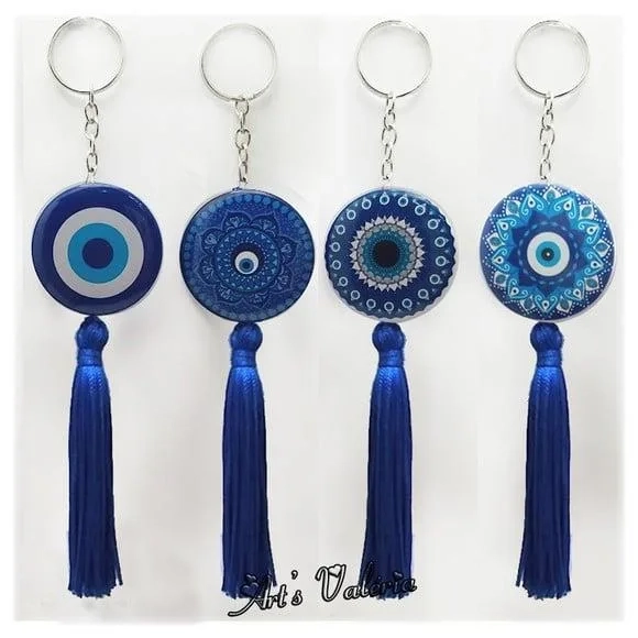 Chaveiro Bóton com Franja Olho Grego ou Mandala