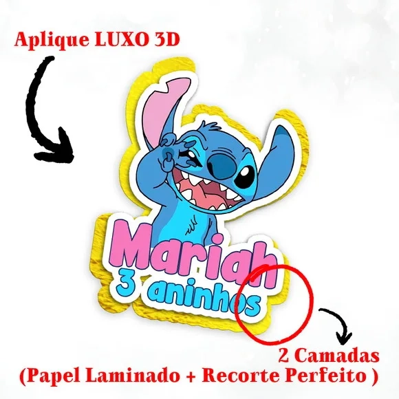 Aplique 3d para Tubete Festa Stitch e Angel com Camadas