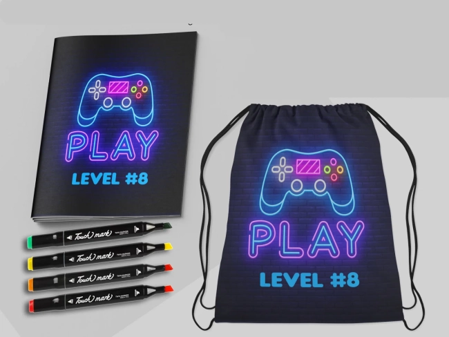 Kit Mochila e Revista de colorir com Canetinhas Video Game