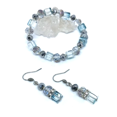 Conjunto Luxo Brinco e Pulseira Cristal Boreal (Cinza Azulado)