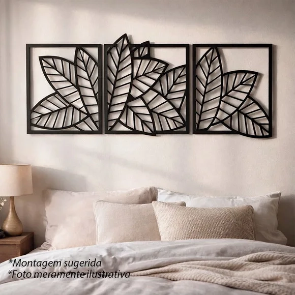 Trio Quadros Decorativos Vazados Folhagem 3d Preto mdf