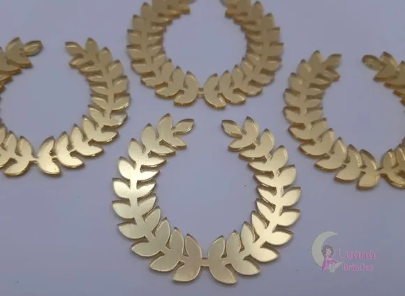 Aplique Coroa de Louro Acrílico Espelhado Dourado-pct C/5 un