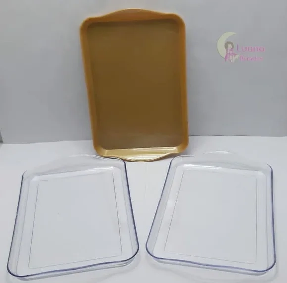 Bandejas Peq. Dourada e Transparente de plástico-pct c/3 uni