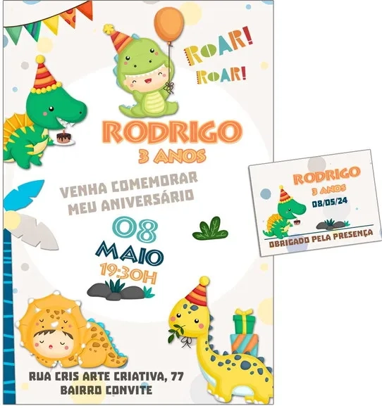 Convite Digital C/tag Dinossauro Cute 5