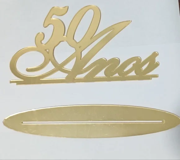 Topo de Bolo 50 Anos Dourado em Acrílico Espelhado - 1 Peça