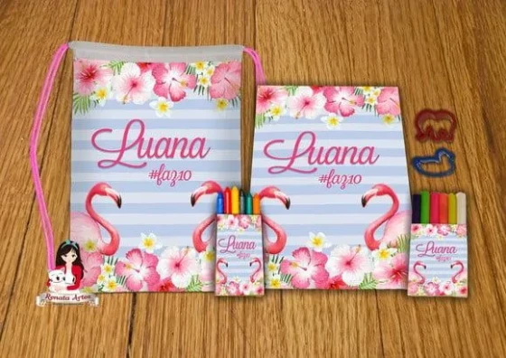 Kit Passatempo Personalizado na Mochila Tema Flamingo