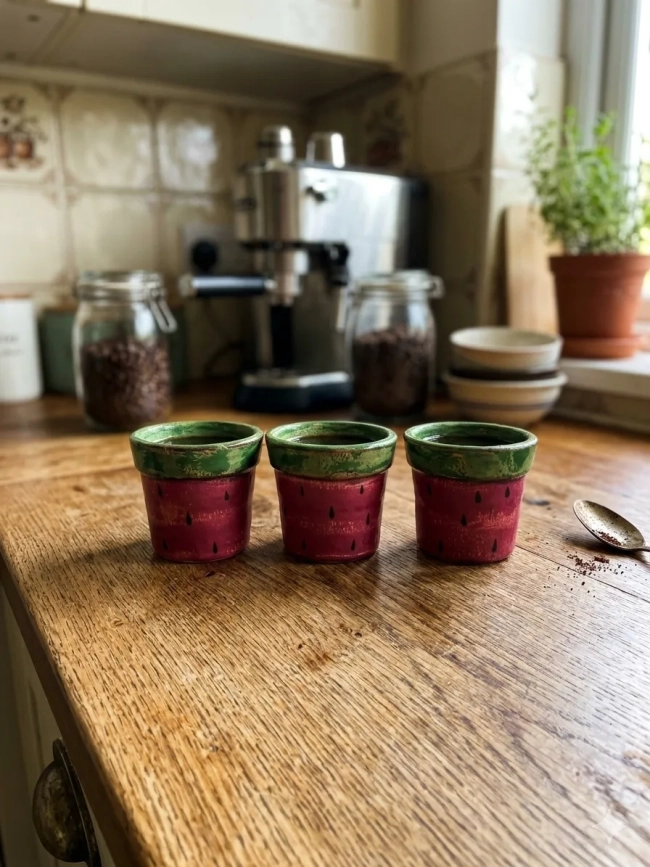 Kit 3 Mini Vasos Cachepô de Cerâmica Melancia Rústica 7cm