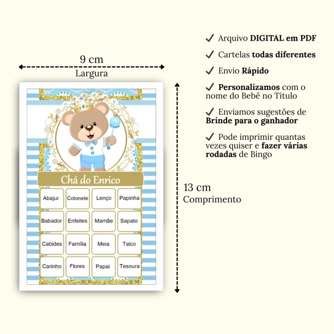 Bingo Chá de Bebê Menino Pdf Para Imprimir