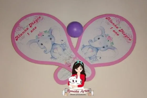 Raquetes de Ping Pong Personalizada Tema Elefantinha Rosa