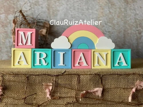 Decoração Bebê Candy Colors - Cubos 6x6cm Ts + Arco Íris.