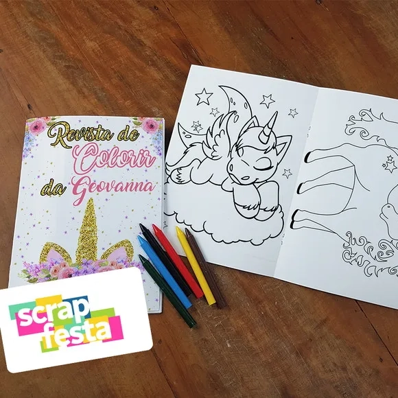 Revista Colorir + Giz de Cera Festa Unicórnio