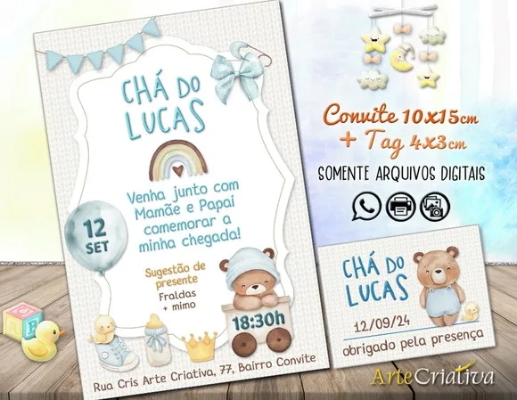 Convite Digital C/tag Chá de Bebê Menino Ursinho Fofo