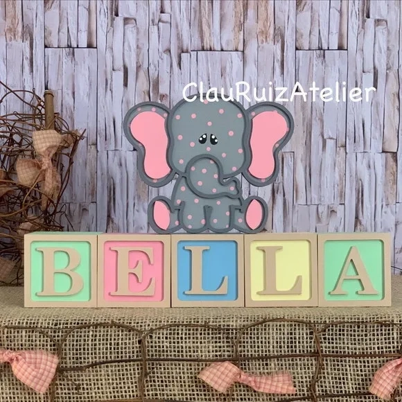 Decoração Bebê - Cubos 6x6cm Ts + Elefantinha Pi
