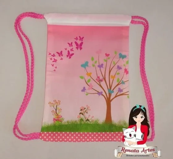 Mochila de Tecido Personalizada Jardim Borboletas Rosa