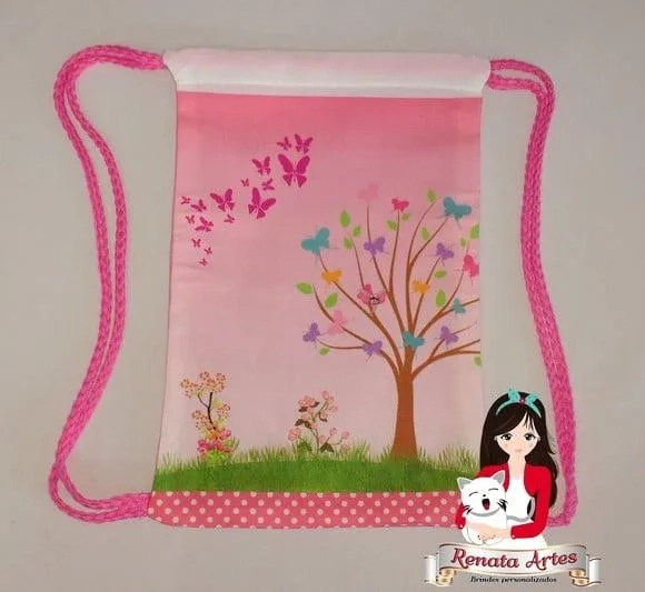Mochila de Tecido Personalizada Jardim Borboletas Rosa