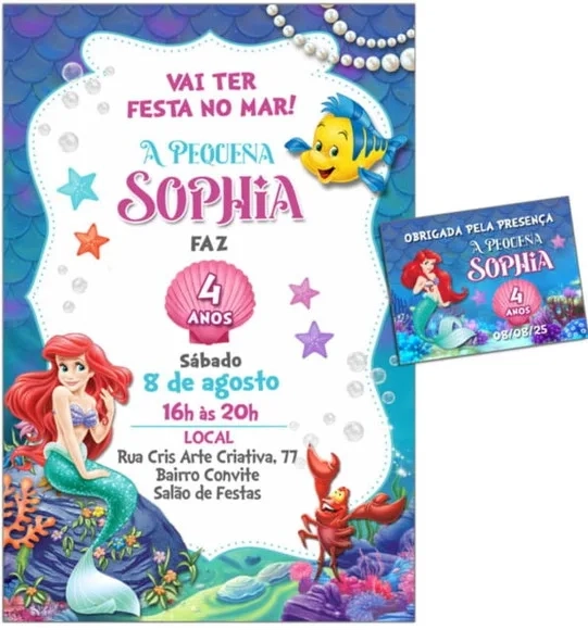 Convite + Save The Date C/tag Digital Pequena Sereia Ariel