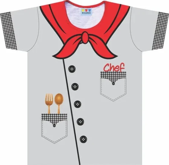 Camiseta Infantil Fantasia Chef de Cozinha Mestre Cuca com Lenço Vermelho