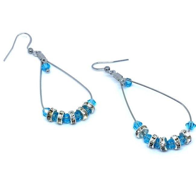 Brinco Gota Aço Inox Cristais Balãozinho Azul E Strass