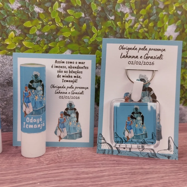 Kit Lembrancinha - 15 UNI Chaveiro + 15 UNI Hidratante Labial Manteiga de cacau Iemanjá PERSONALIZAMOS QUALQUER TEMA