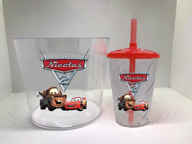 Kit Balde de Pipoca acrilico + Copo twister Personalizado dos Carros Disney