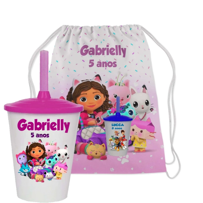 Kit Mochila e Copo Twister personalizado da Casa Magica da Gabby