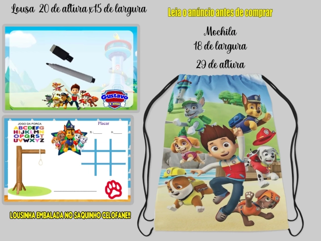 Kit Mochilinha e Lousa Magica para lembrancinhas da Patrulha Canina